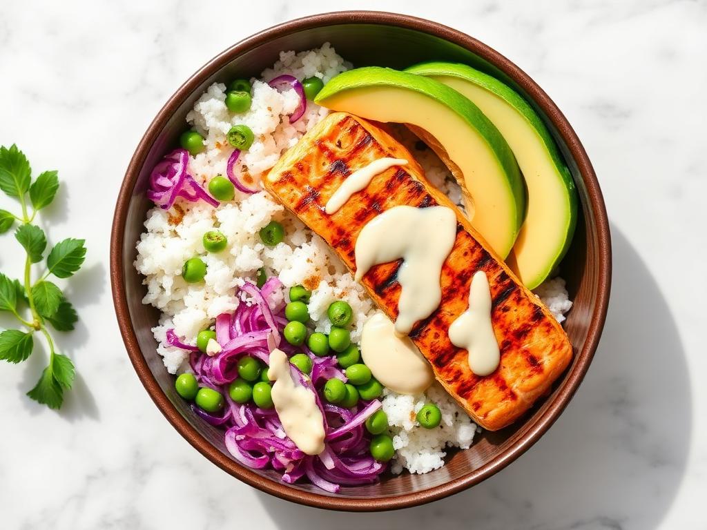 Grilled salmon bowl with rice, avocado, and vegetables